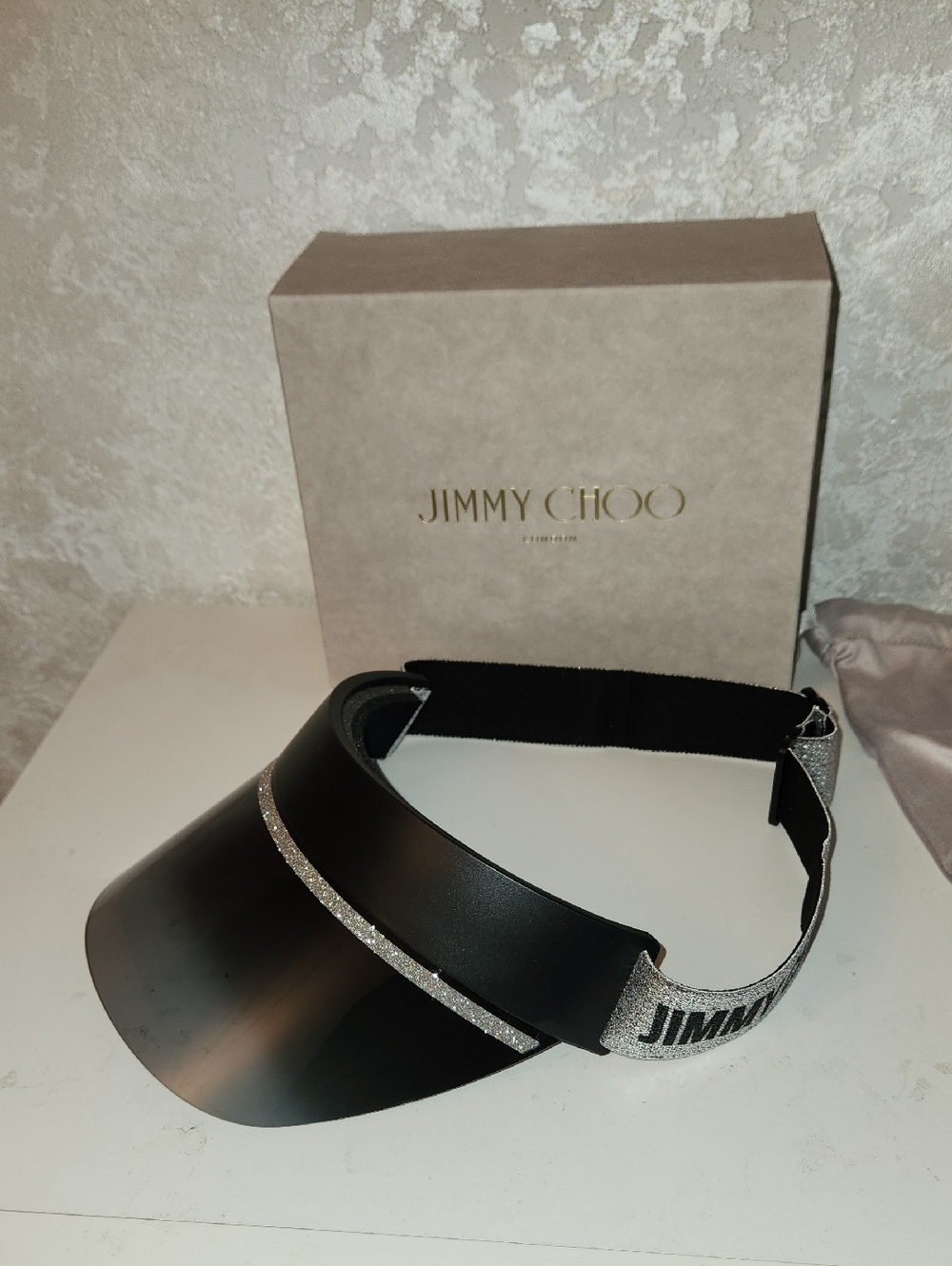Jimmy Choo Black Visor with Silver Glitter Logo Band NWT